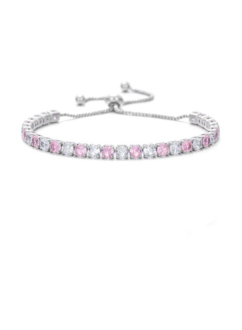 Silver Bracelet for Women, White Cubic Zirconia Bracelet, Diamond Classic Adjustable Bracelet Trendy Dainty Gift for Ladies (Pink-White)